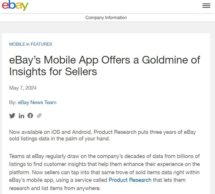 eBay应用程序推出“产品研究”功能 提供销售数据