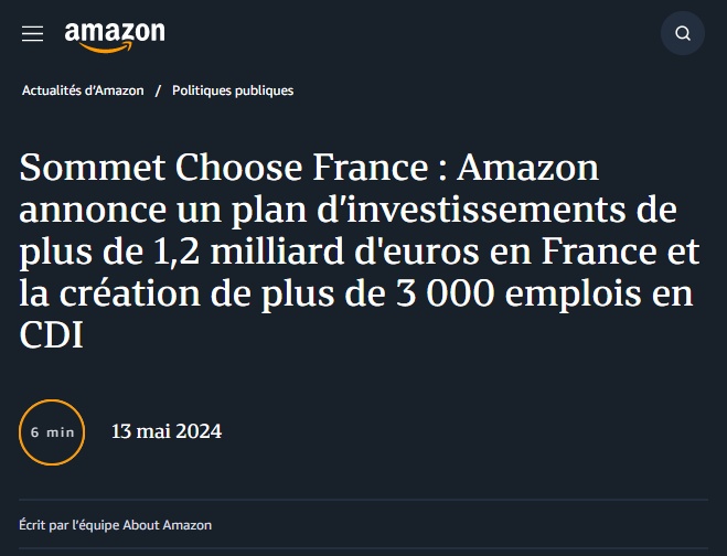 亚马逊将在法国投资超12亿欧元 创造逾3000个工作岗位